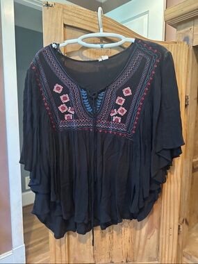 Japna Black Boho Tunic with Red and Blue Floral Embroidery